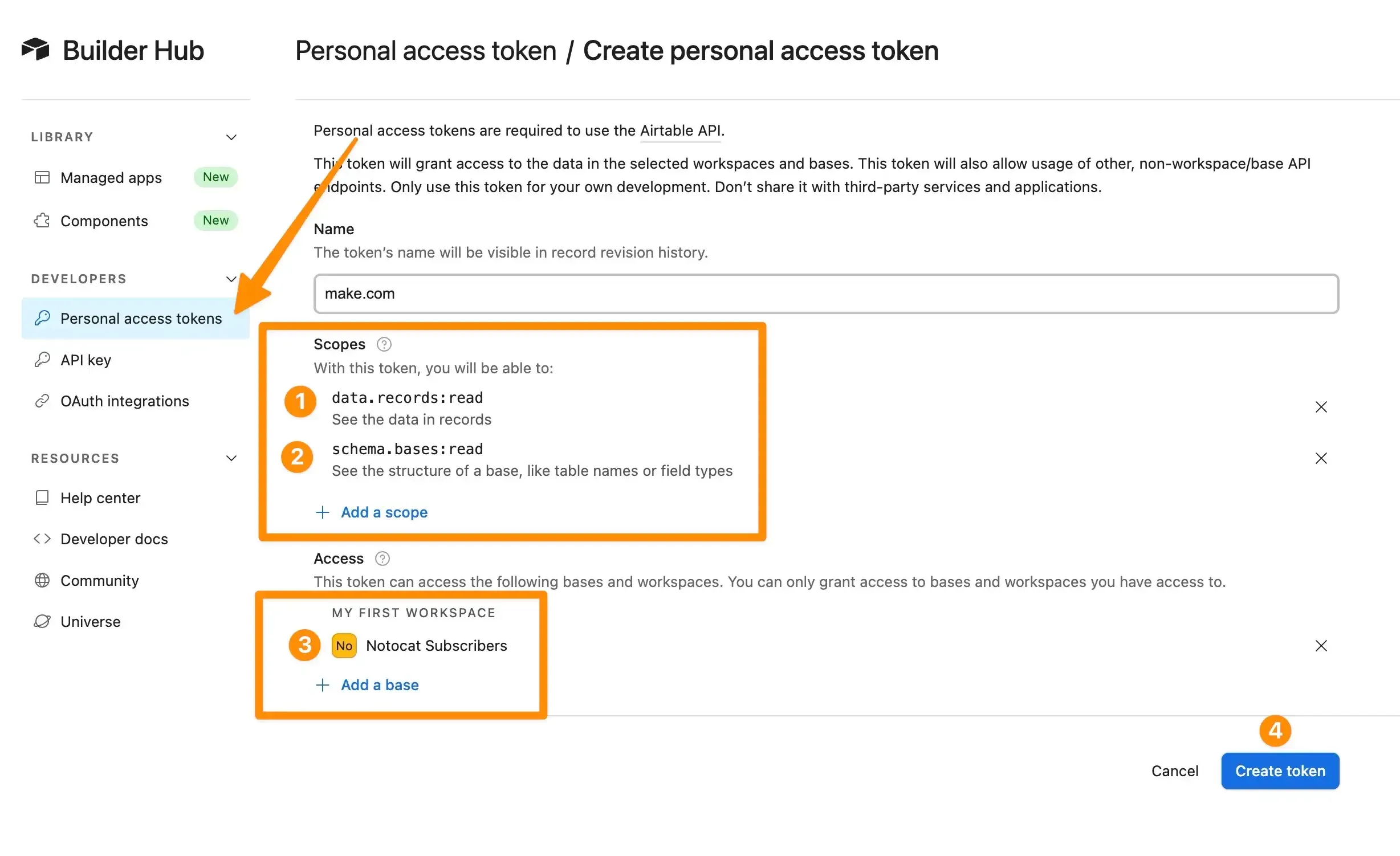 Create an Airtable token