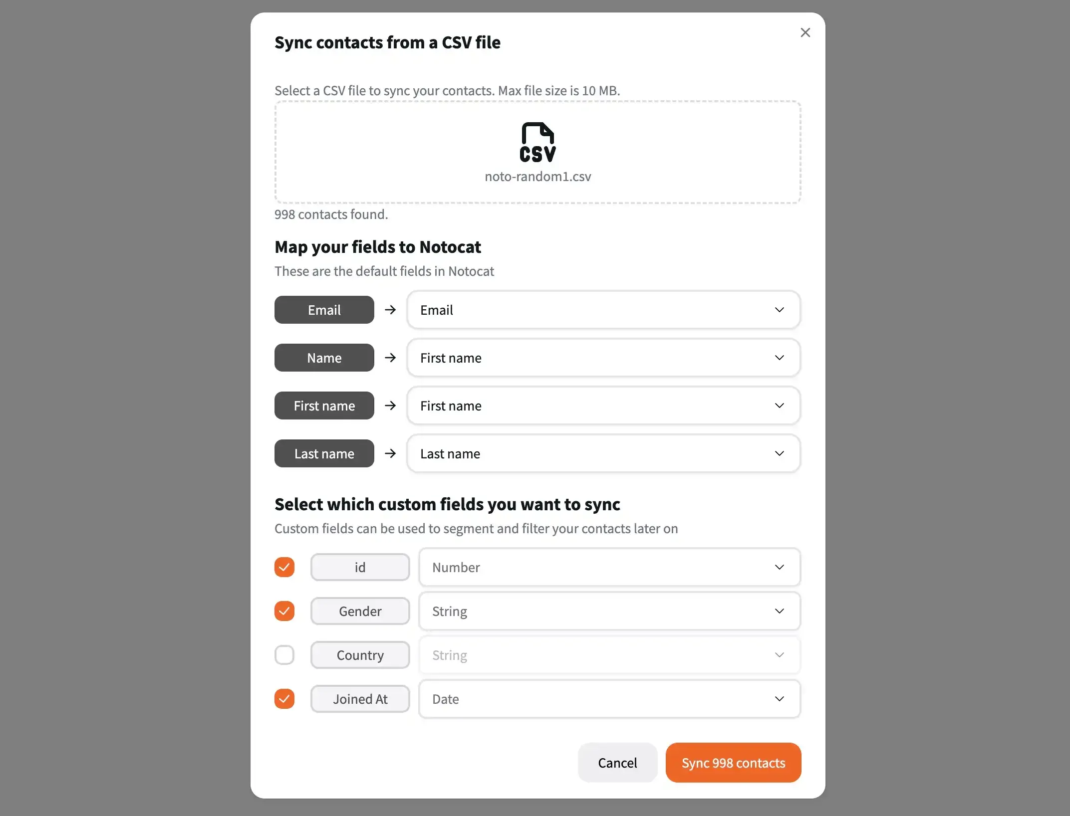 Notocat 2 CSV import