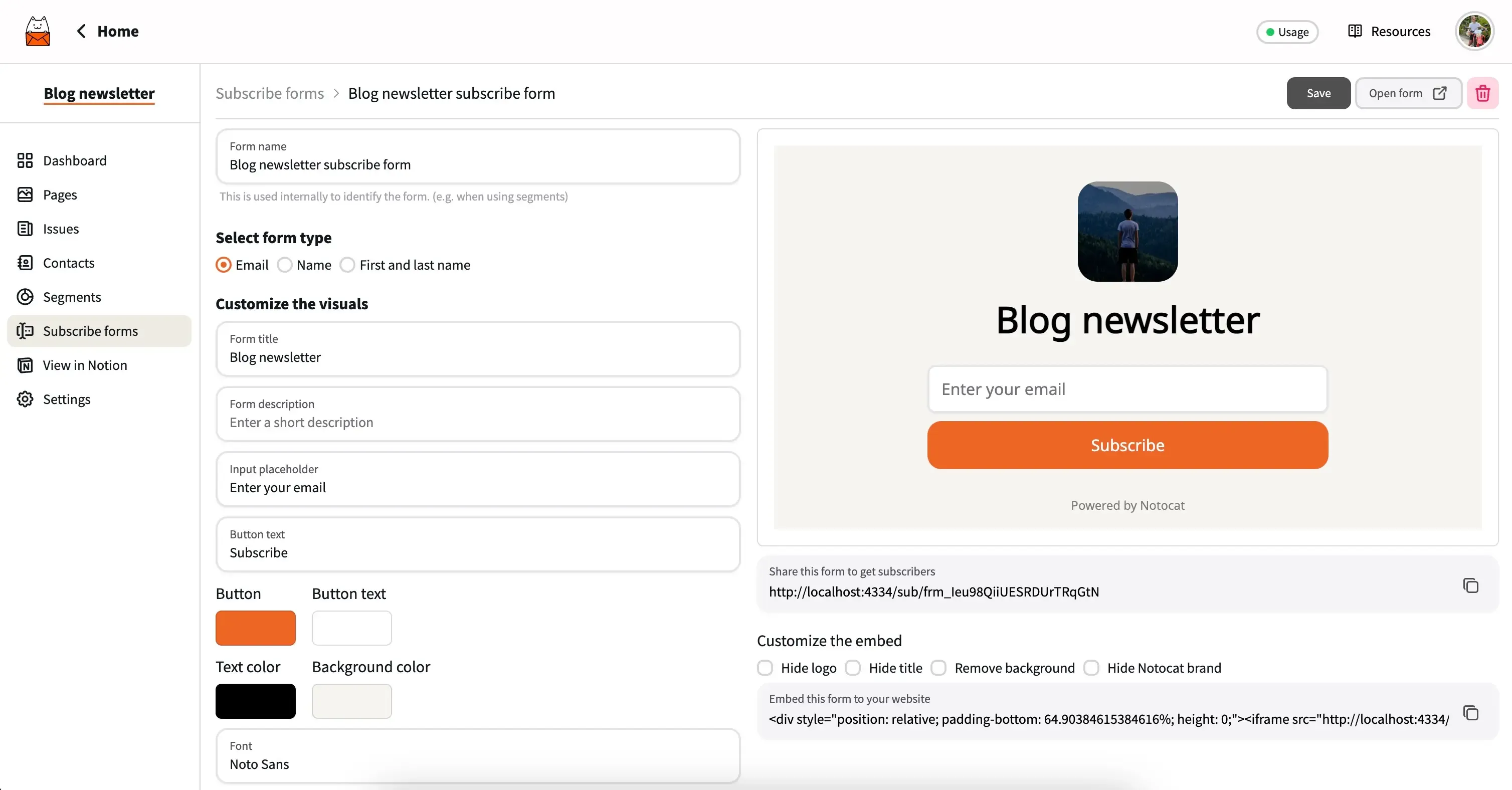 Customize a subscription form in Notocat.