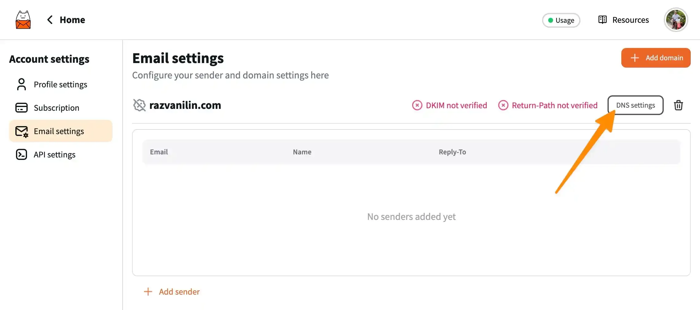 The DNS settings screen in Notocat.