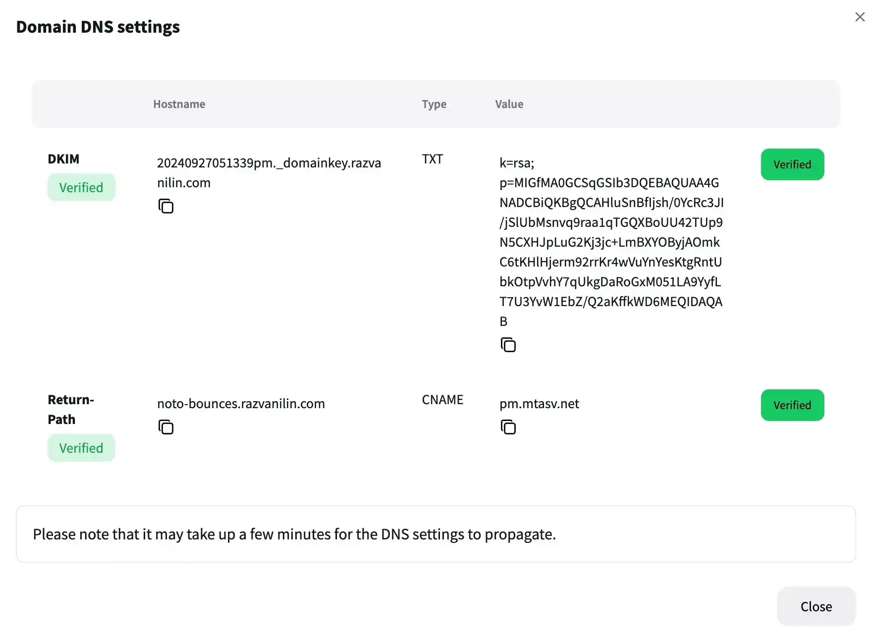 The DKIM and Return Path records verified in Notocat.