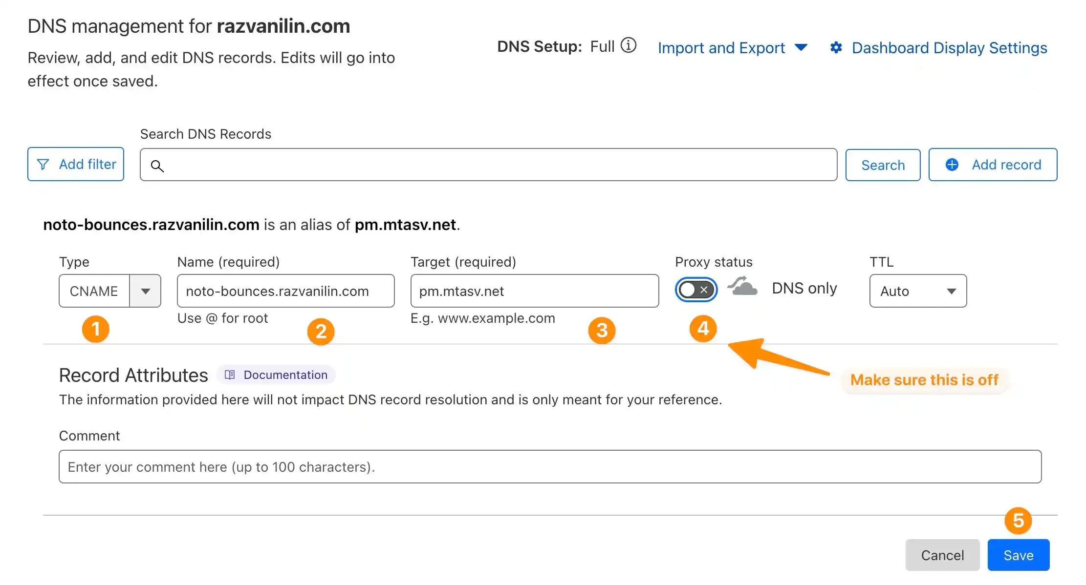 The Return Path record in Cloudflare.