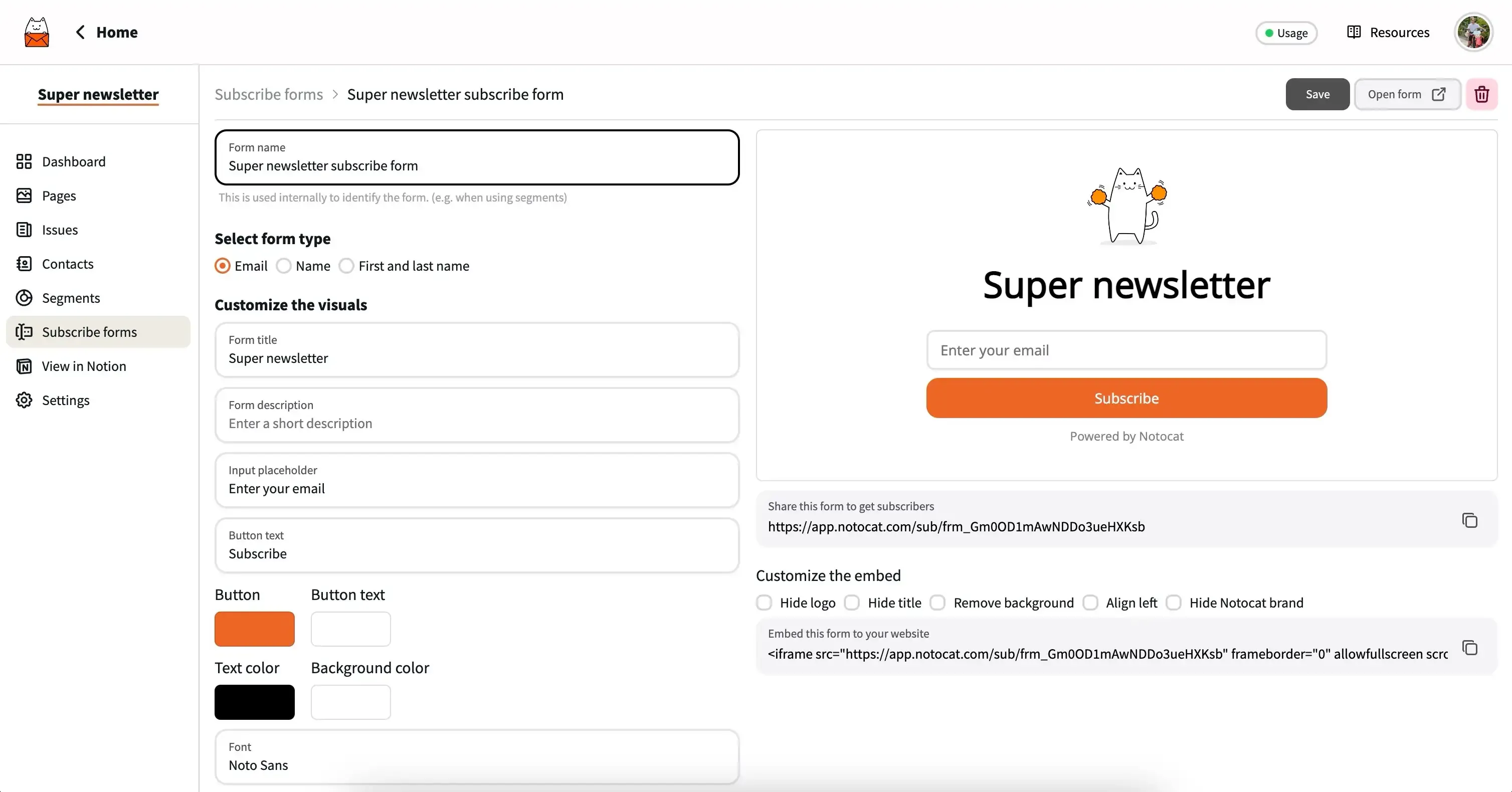 The Subscribe forms tab in Notocat.